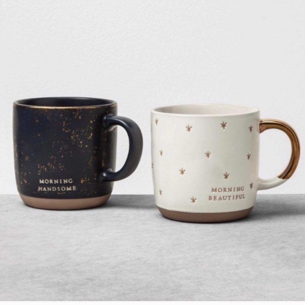HEARTH & HAND Morning Handsome BEAUTIFUL NAVY & GOLD CRM COFFEE TEA Mug SET OF 2